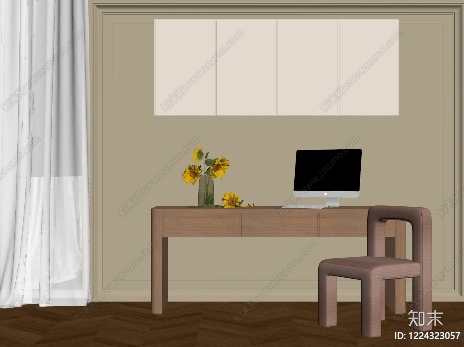 奶油风书桌椅3D模型下载【ID:1224323057】
