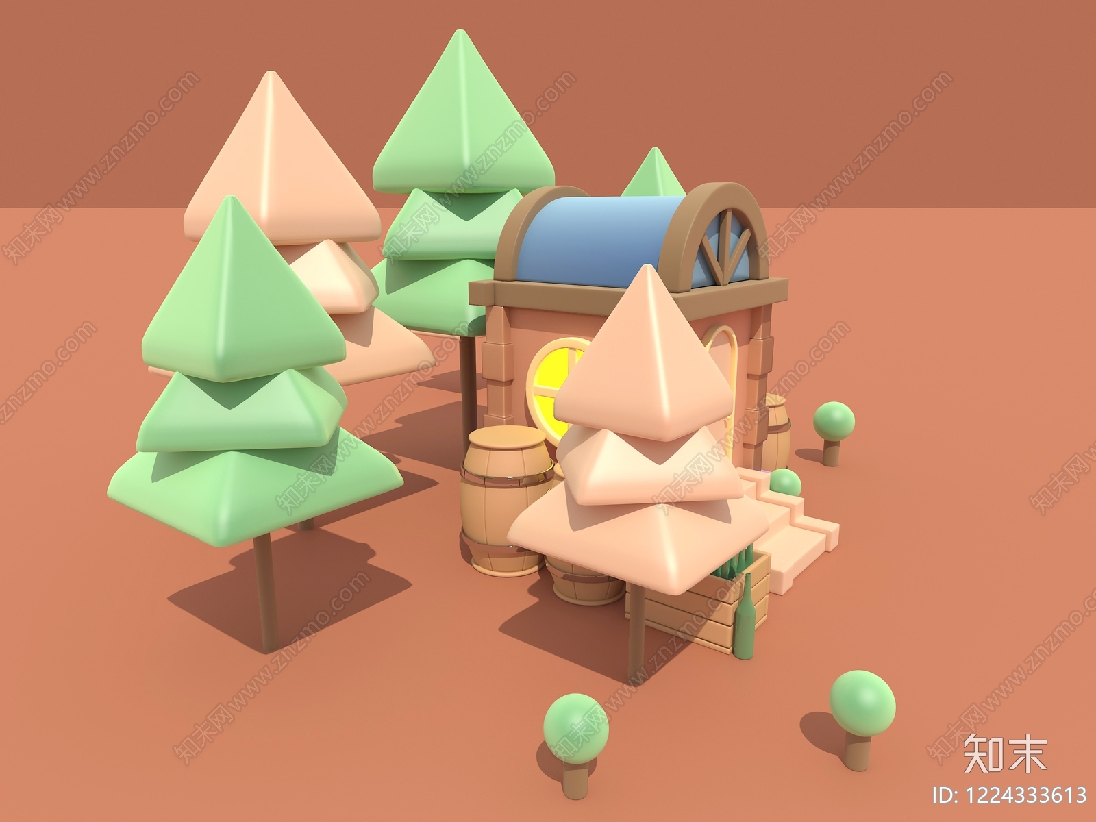 奶油风独栋别墅3D模型下载【ID:1224333613】