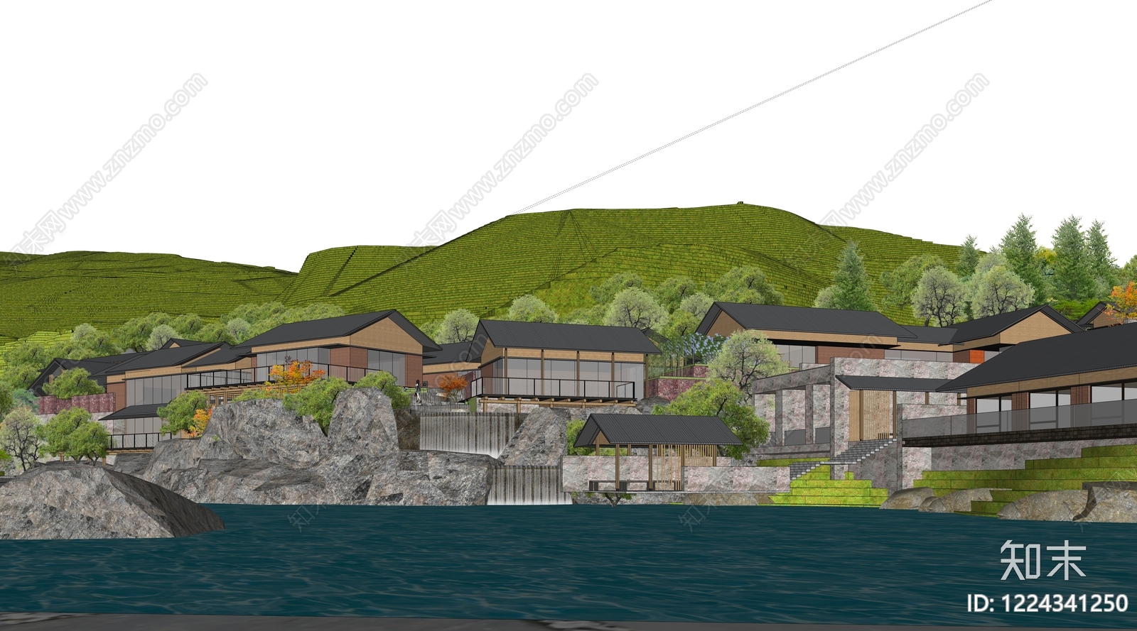 新中式景观民宿建筑SU模型下载【ID:1224341250】