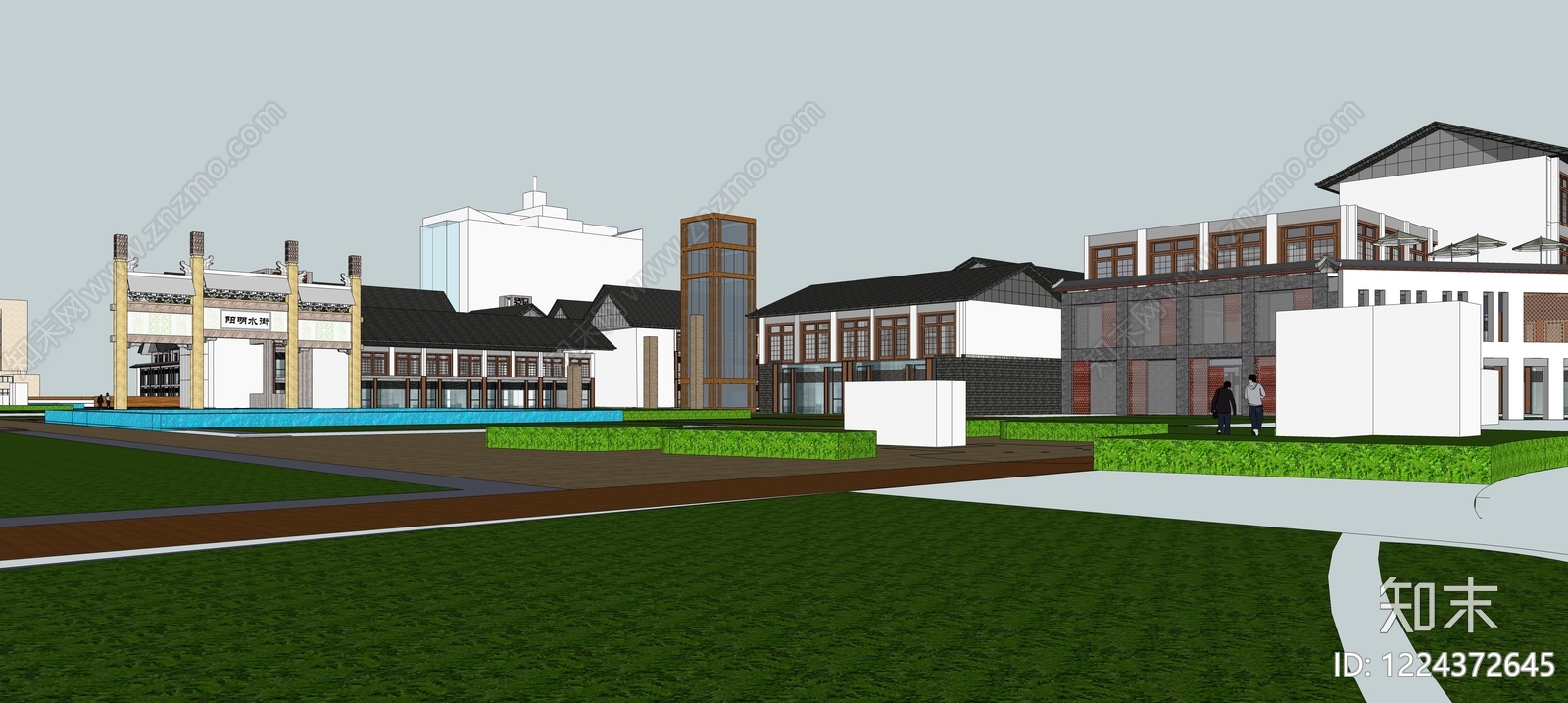 新中式商场建筑SU模型下载【ID:1224372645】