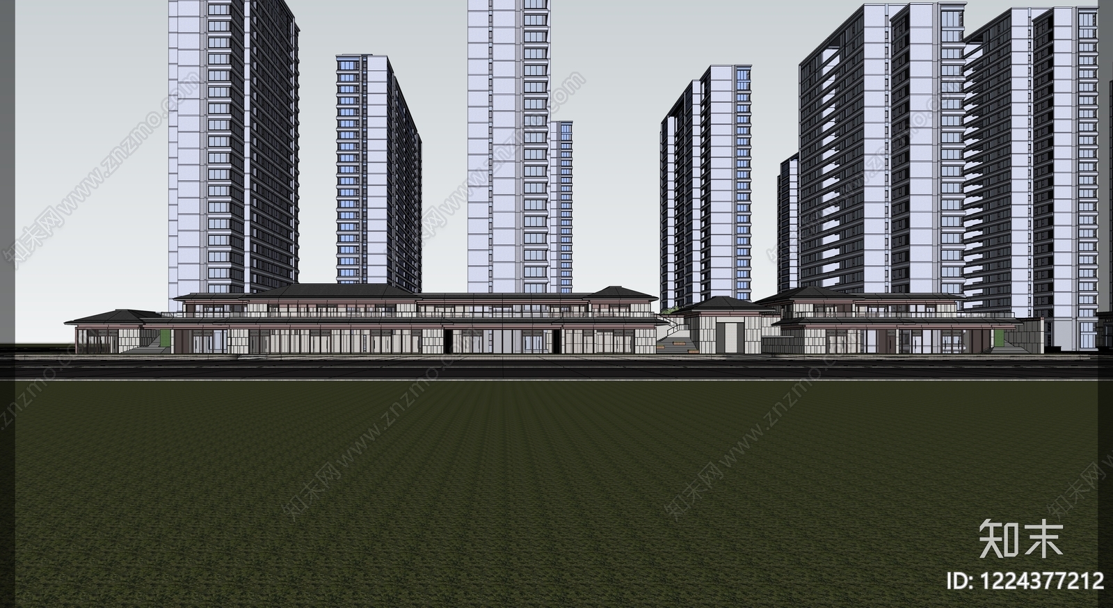 新中式小区建筑SU模型下载【ID:1224377212】
