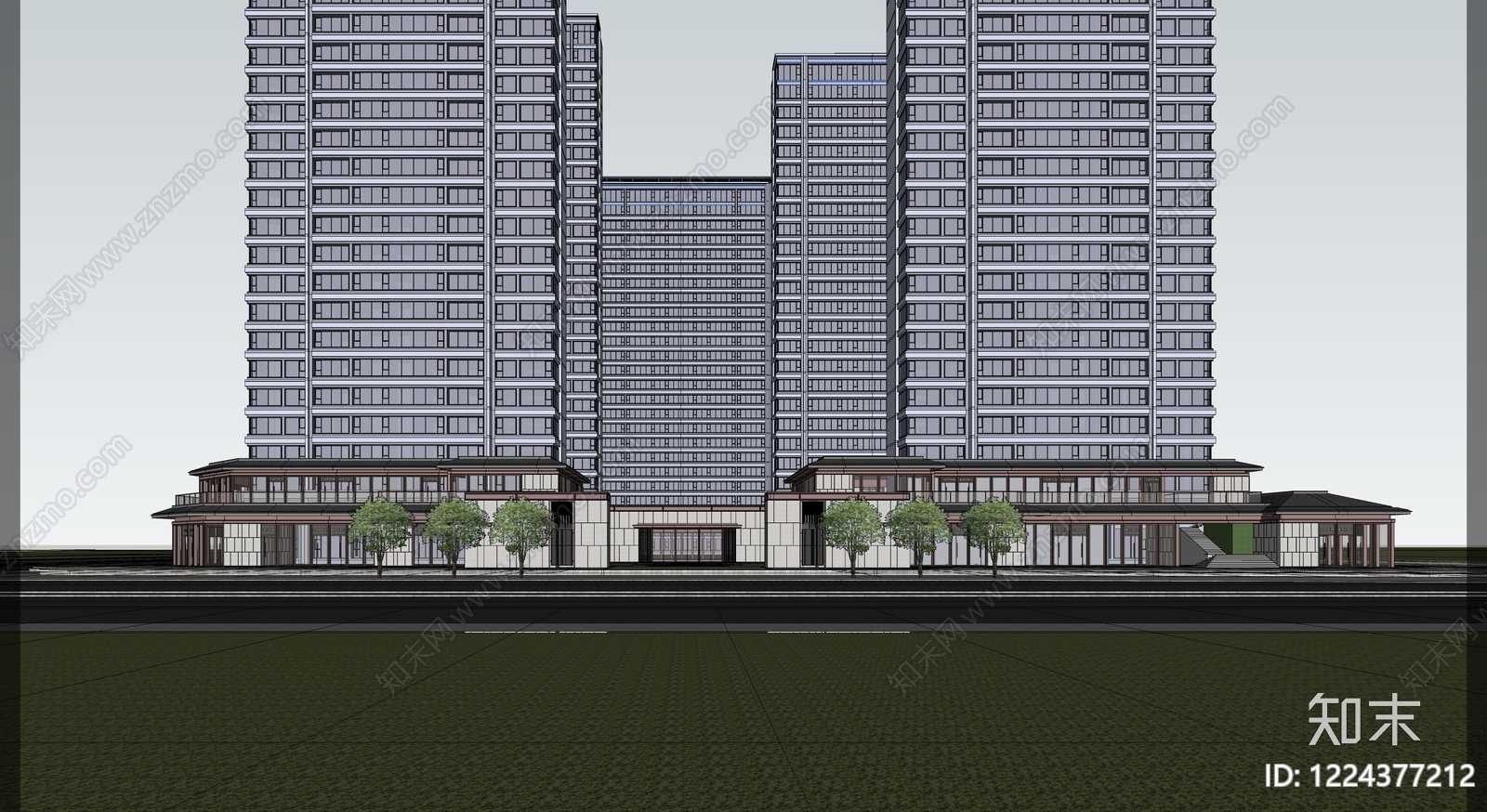 新中式小区建筑SU模型下载【ID:1224377212】