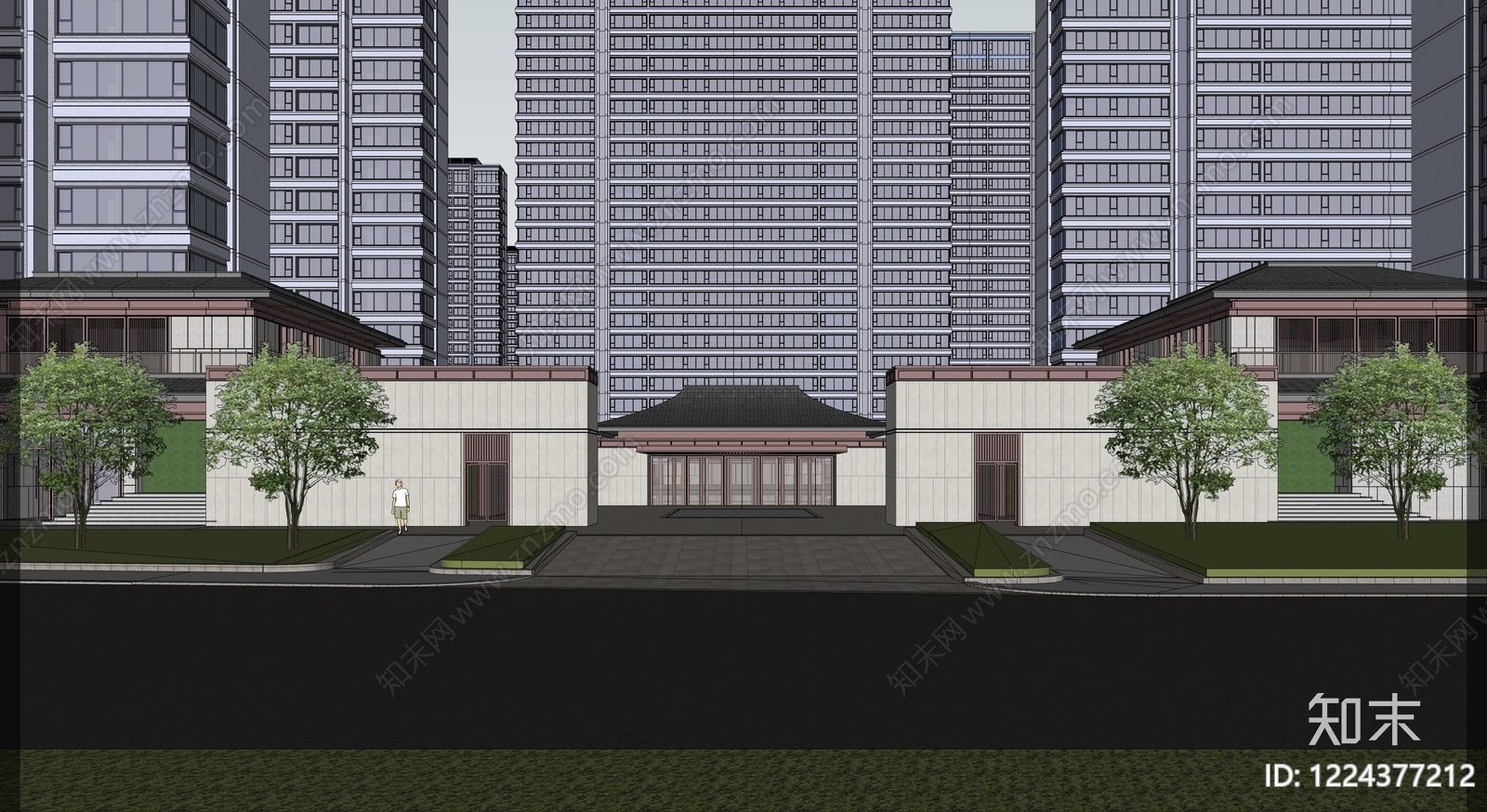 新中式小区建筑SU模型下载【ID:1224377212】