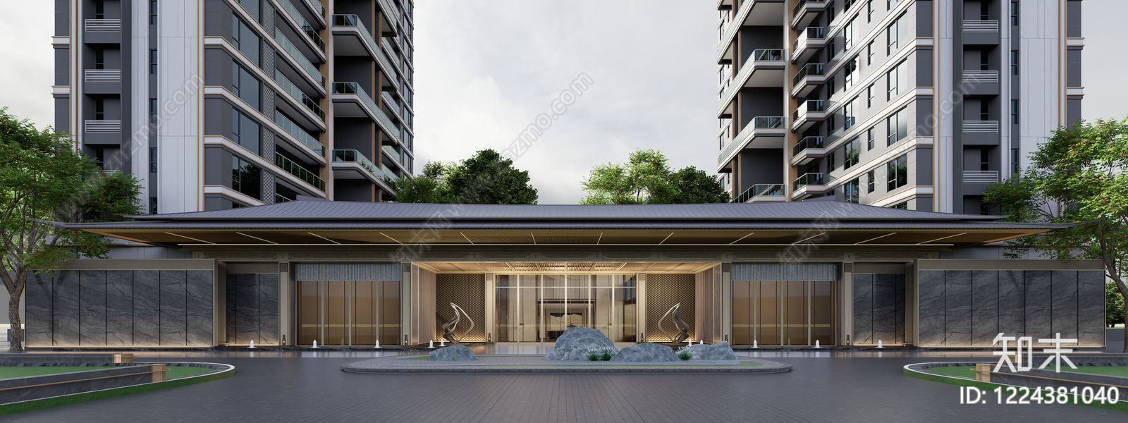 新中式小区建筑SU模型下载【ID:1224381040】