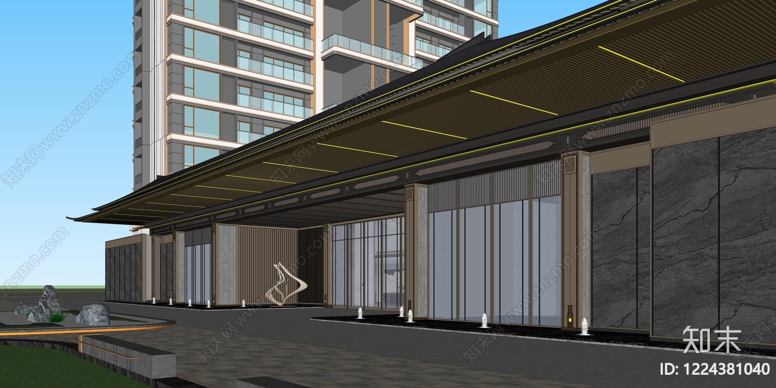 新中式小区建筑SU模型下载【ID:1224381040】