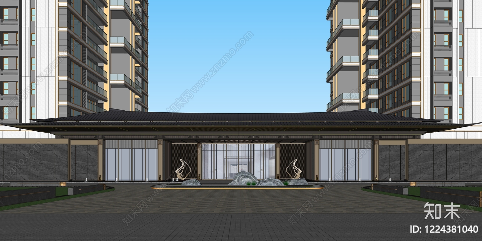 新中式小区建筑SU模型下载【ID:1224381040】