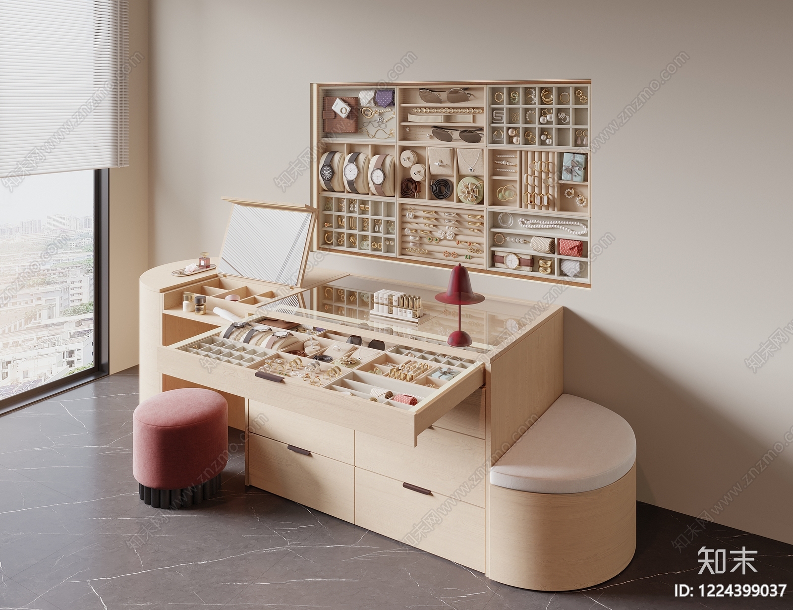 原木风化妆品展台3D模型渲染效果图