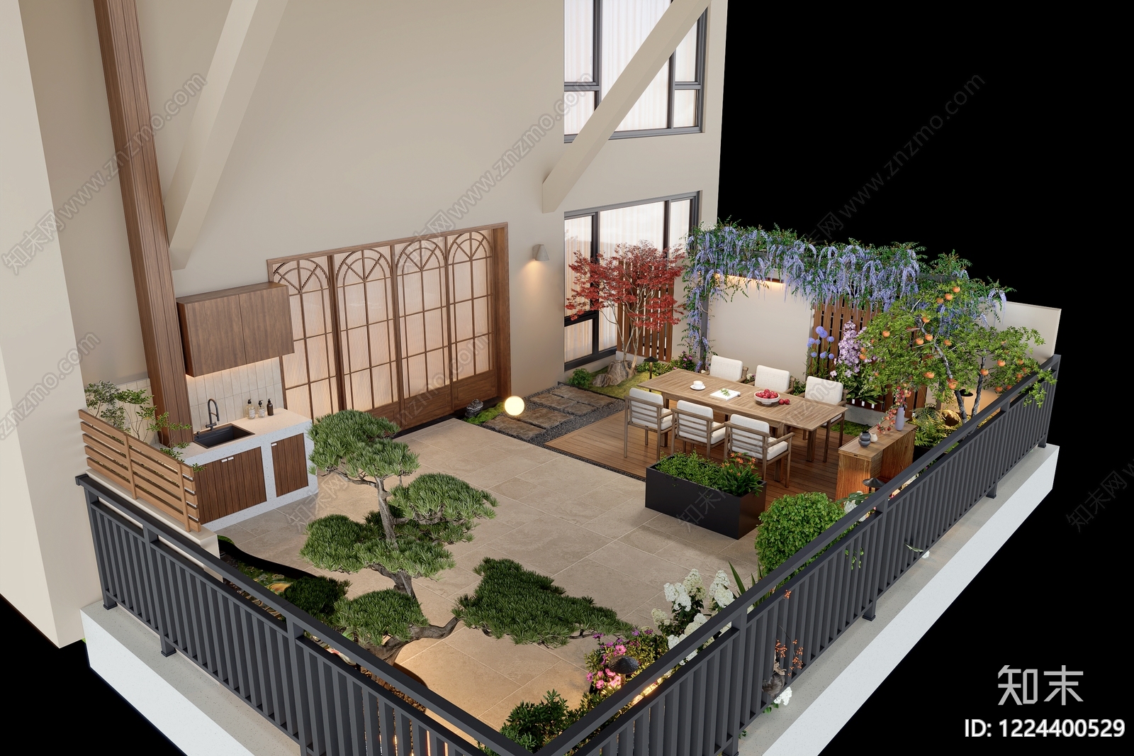 新中式屋顶花园3D模型渲染效果图