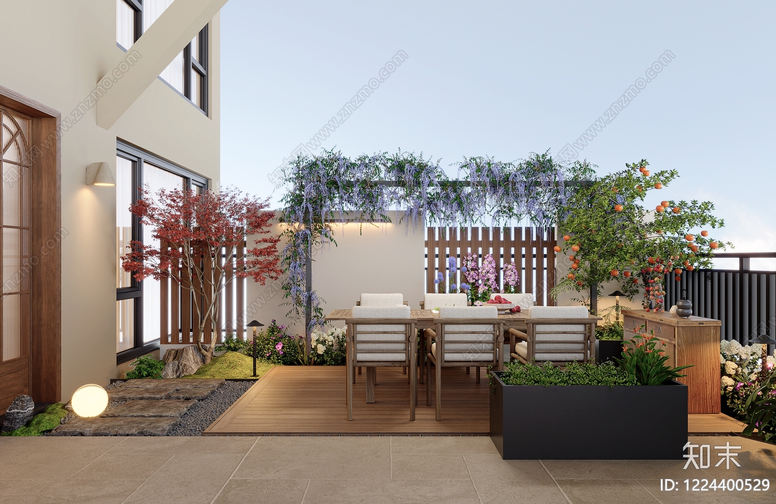 新中式屋顶花园3D模型下载【ID:1224400529】