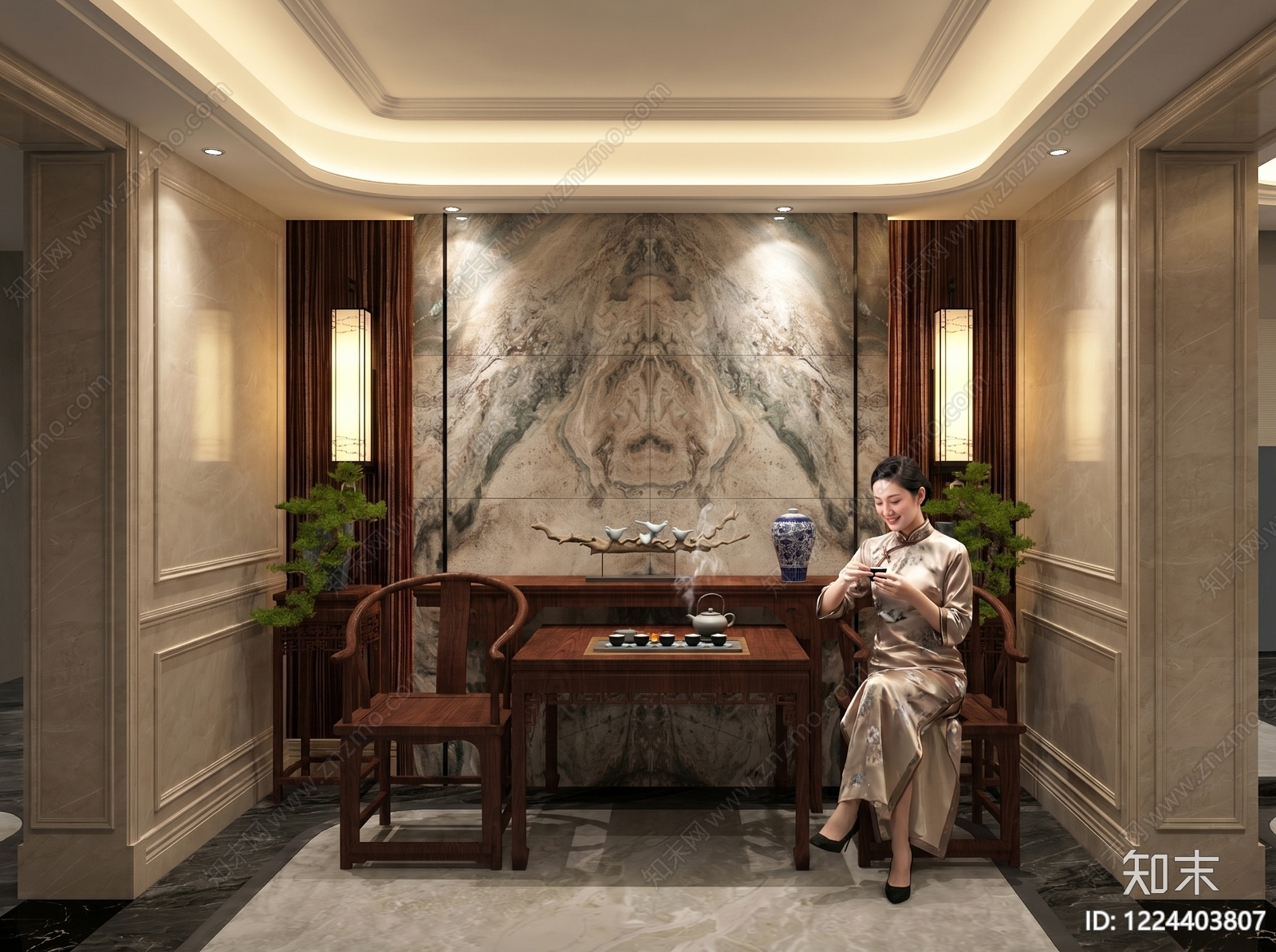 新中式茶室SU模型下载【ID:1224403807】