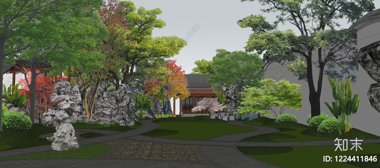 传统园林别墅庭院SU模型下载【ID:1224411846】