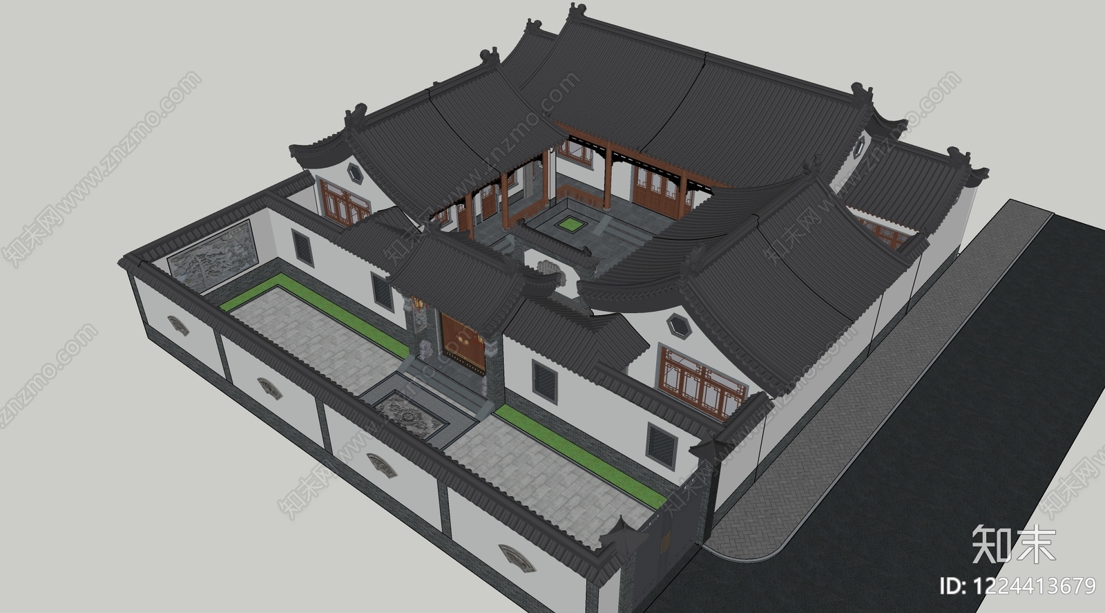 中式古建四合院SU模型下载【ID:1224413679】