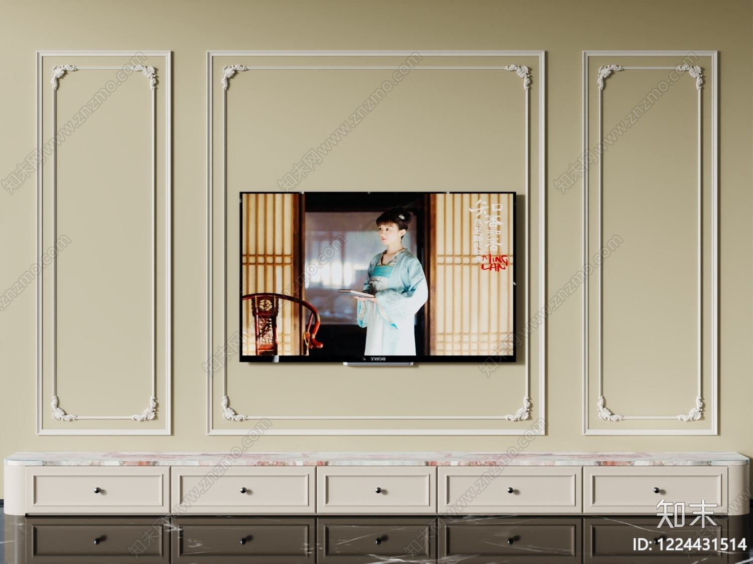 奶油风电视背景墙3D模型下载【ID:1224431514】