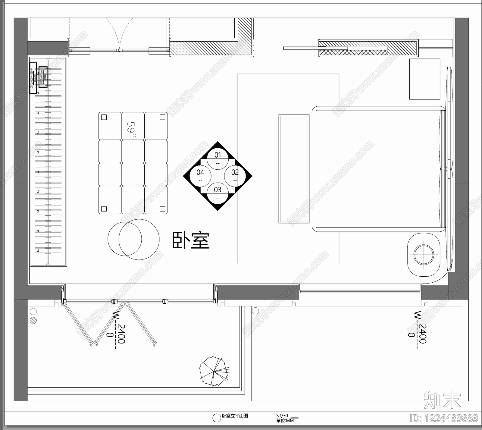 卧室cad施工图下载【ID:1224439883】