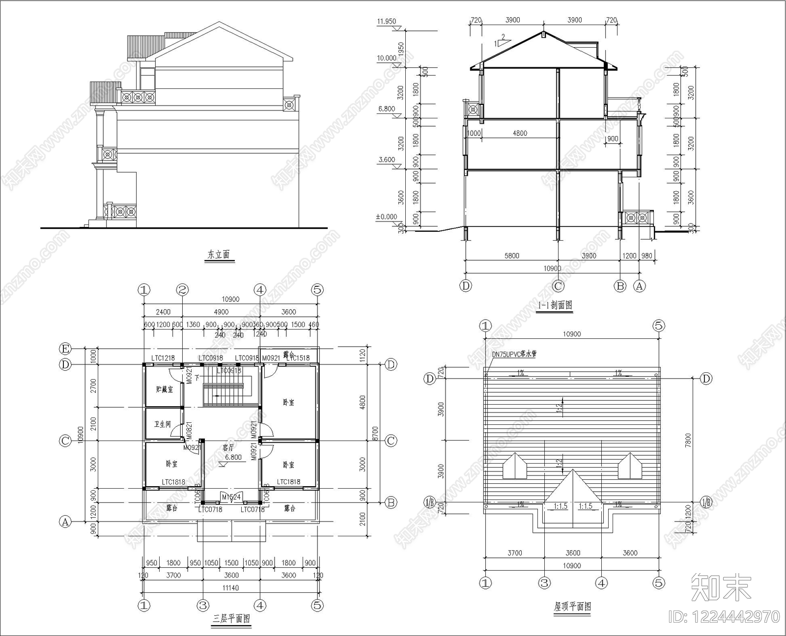 别墅建筑cad施工图下载【ID:1224442970】