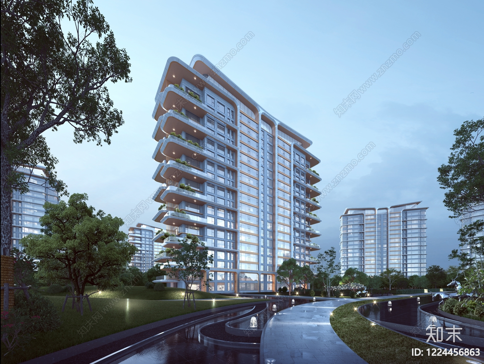 现代主义小高层住宅楼3D模型下载【ID:1224456863】