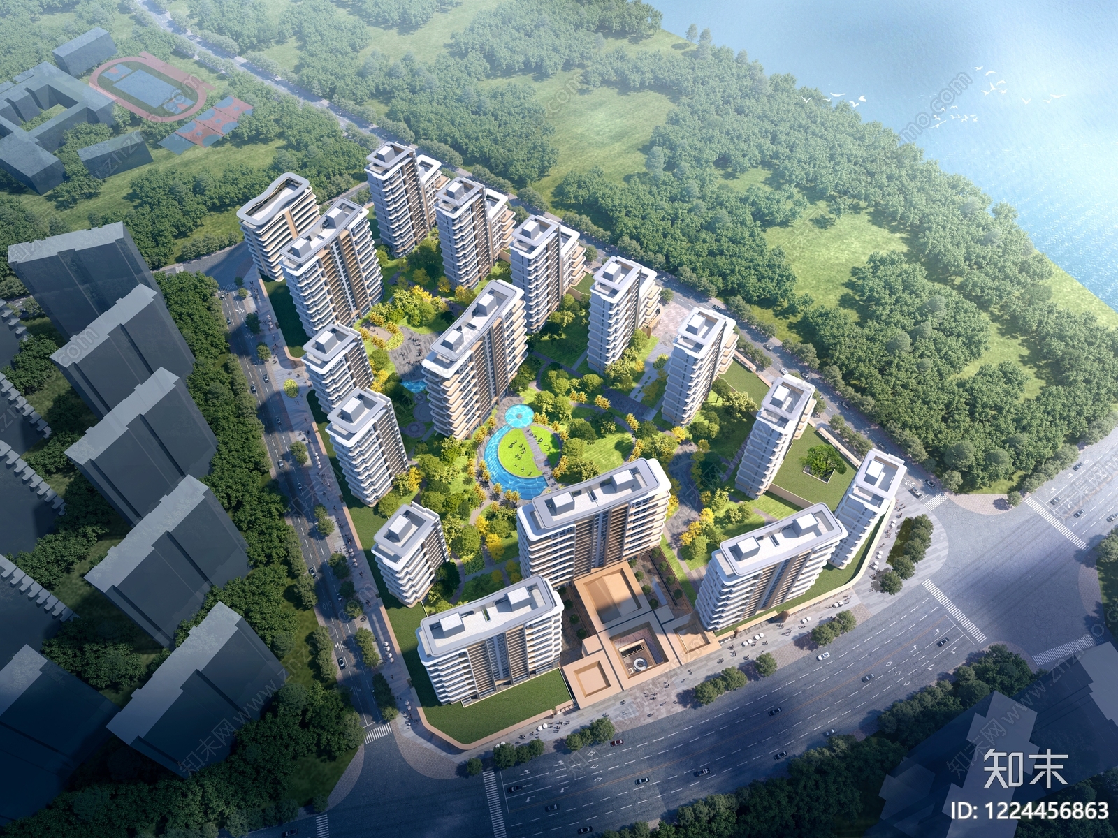 现代主义小高层住宅楼3D模型渲染效果图