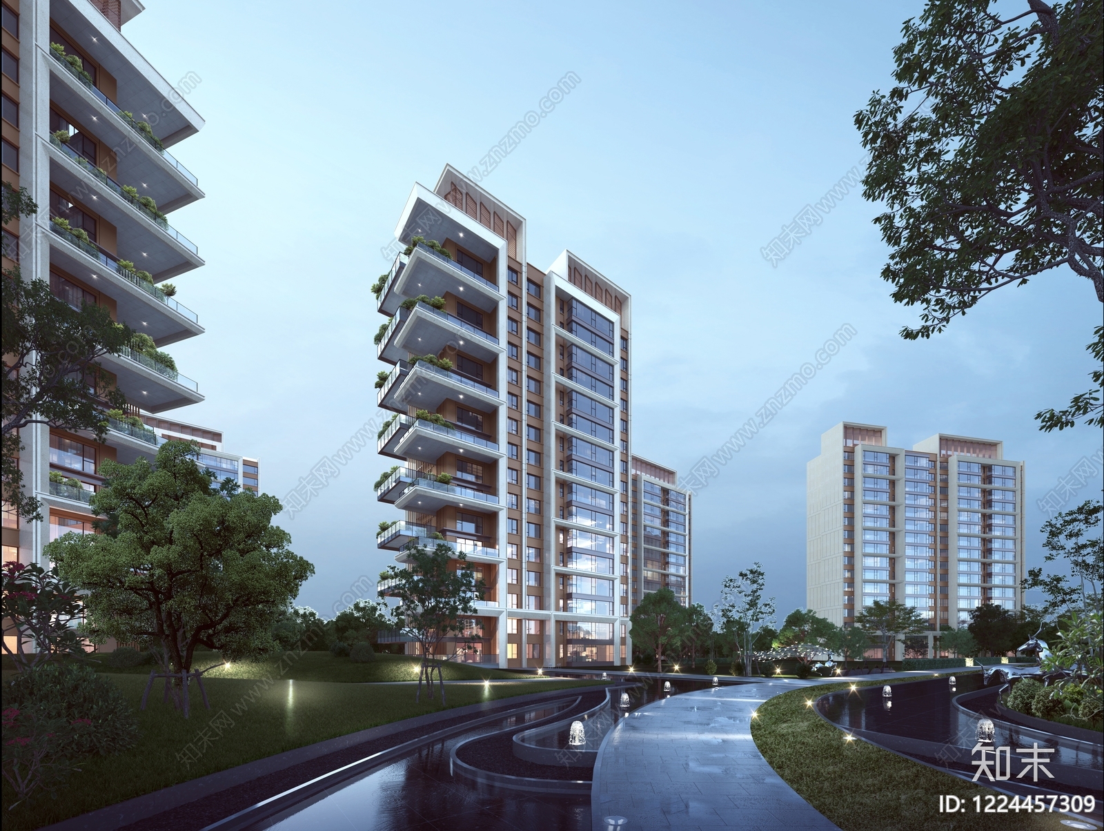 现代主义小高层住宅楼3D模型下载【ID:1224457309】
