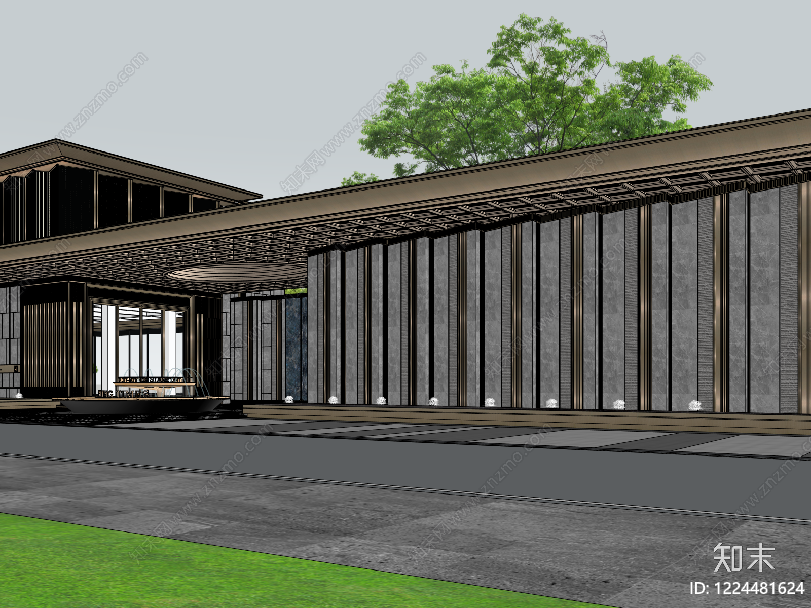 新中式售楼处建筑SU模型下载【ID:1224481624】