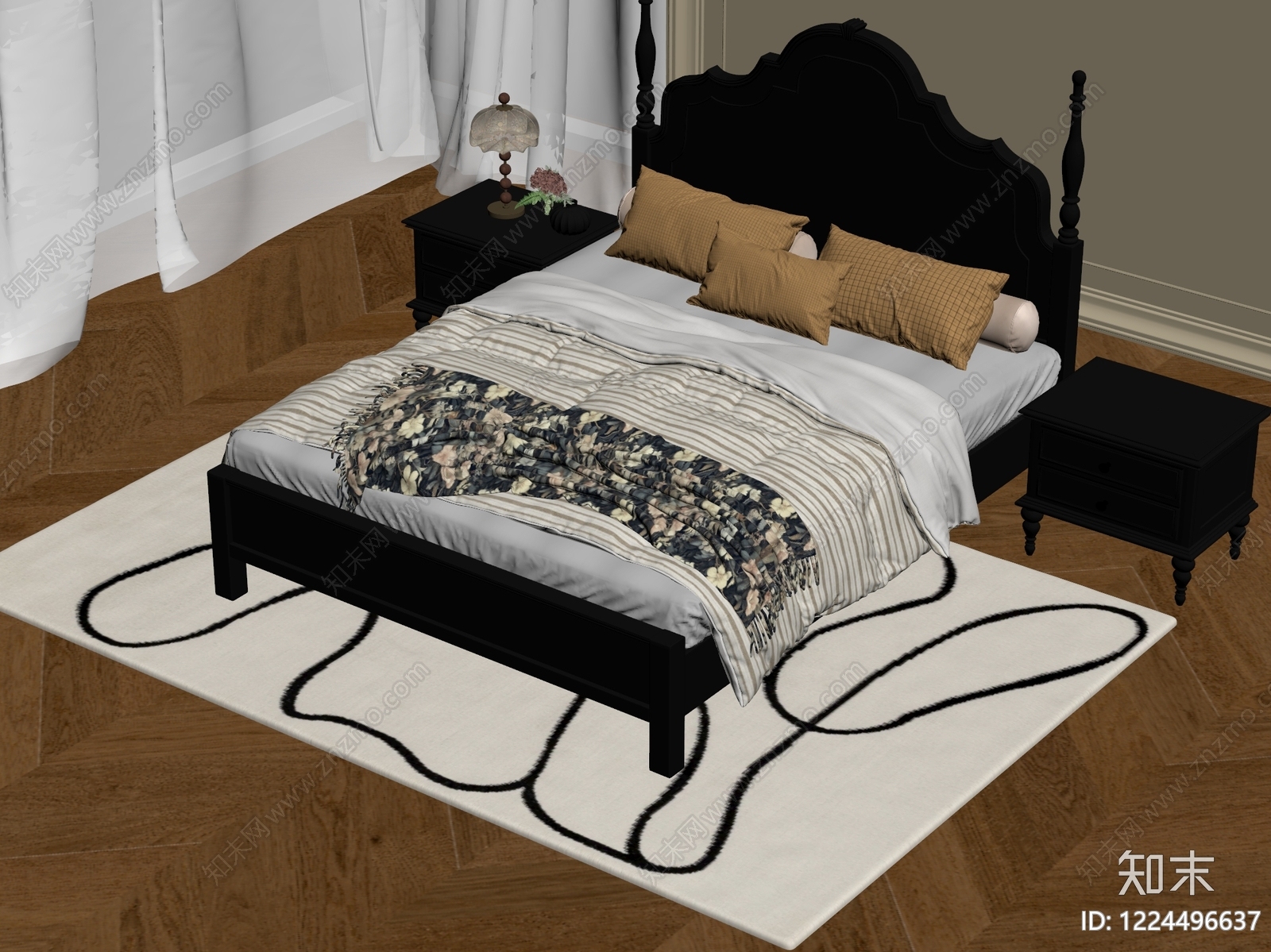 美式双人床3D模型下载【ID:1224496637】
