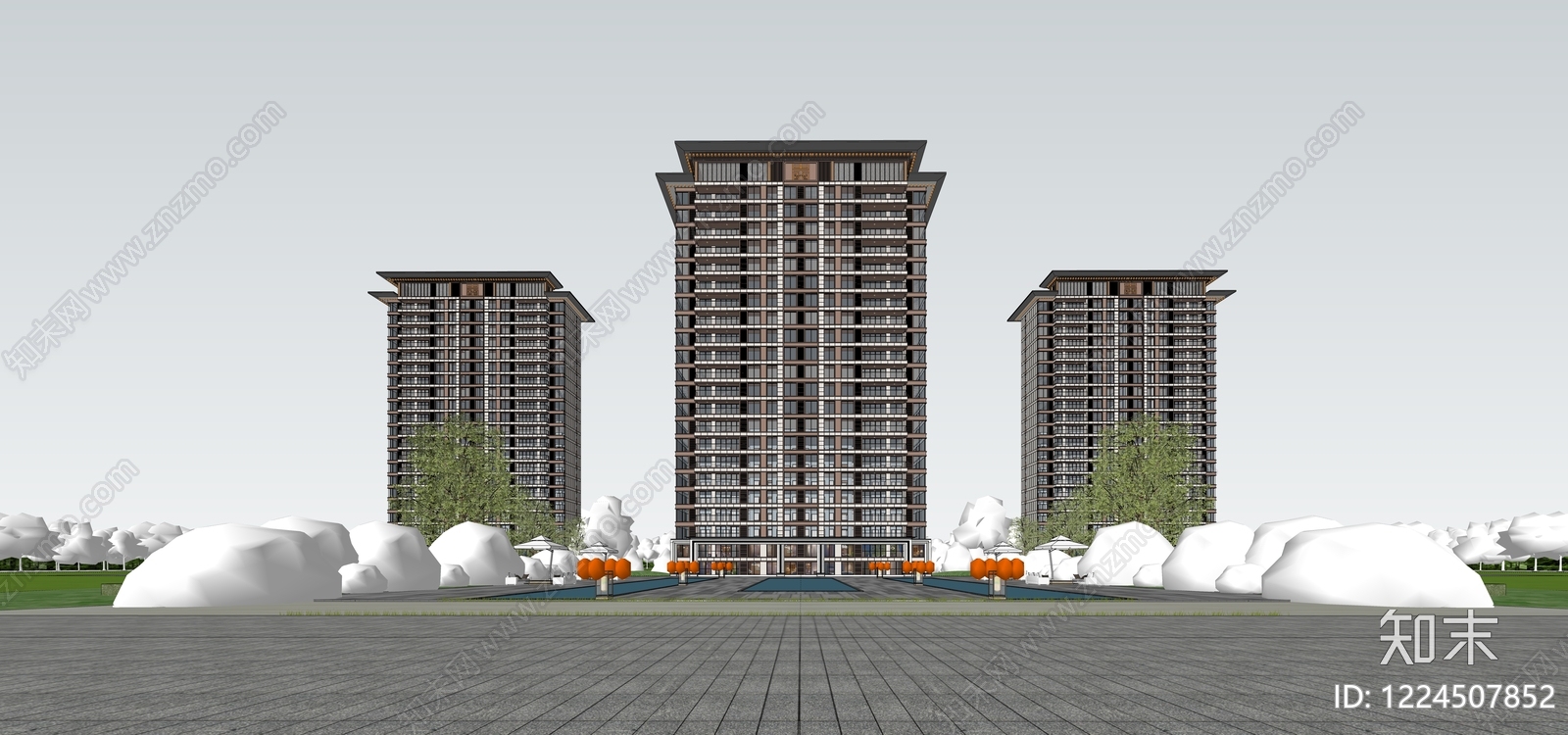 新中式小高层住宅楼SU模型下载【ID:1224507852】