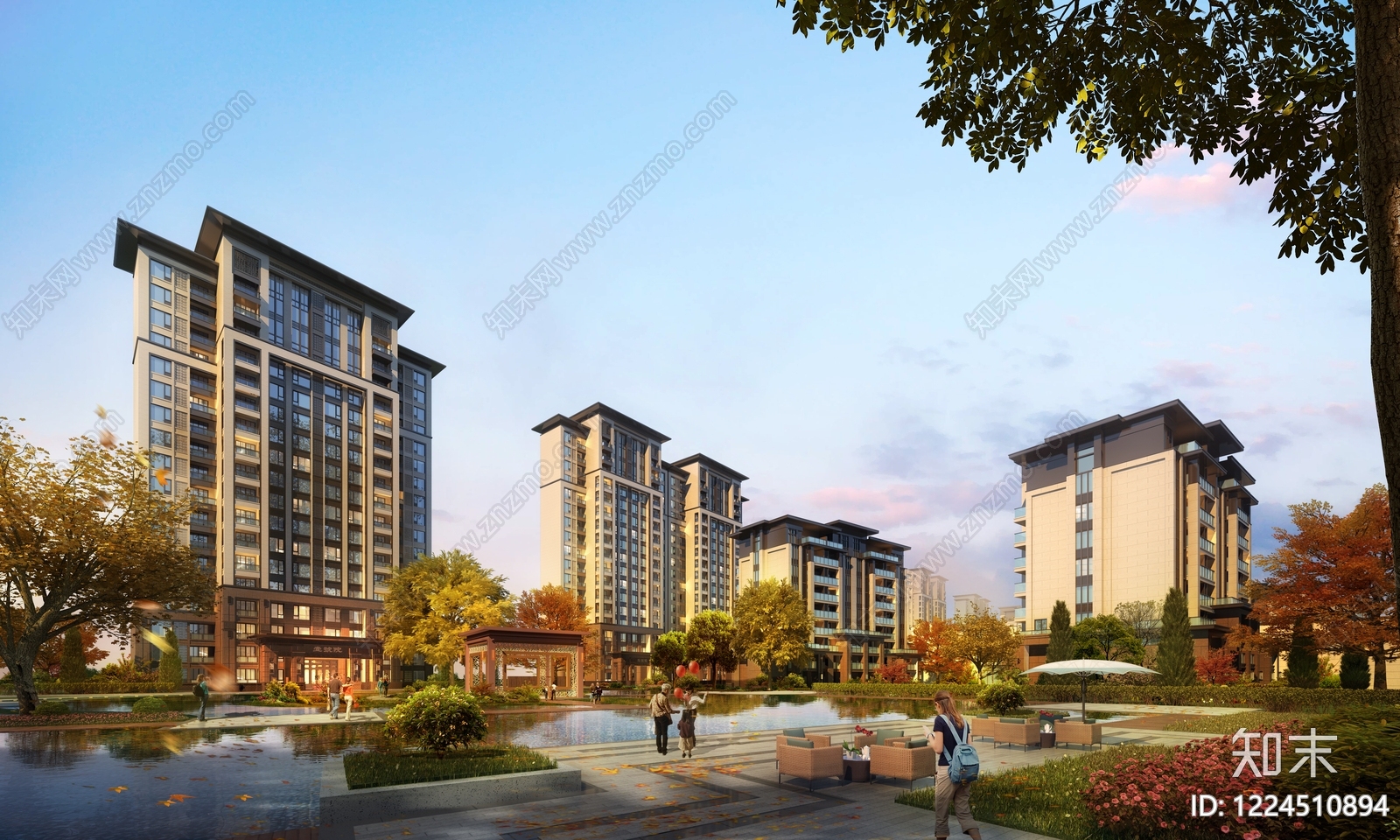 新中式小区建筑SU模型下载【ID:1224510894】