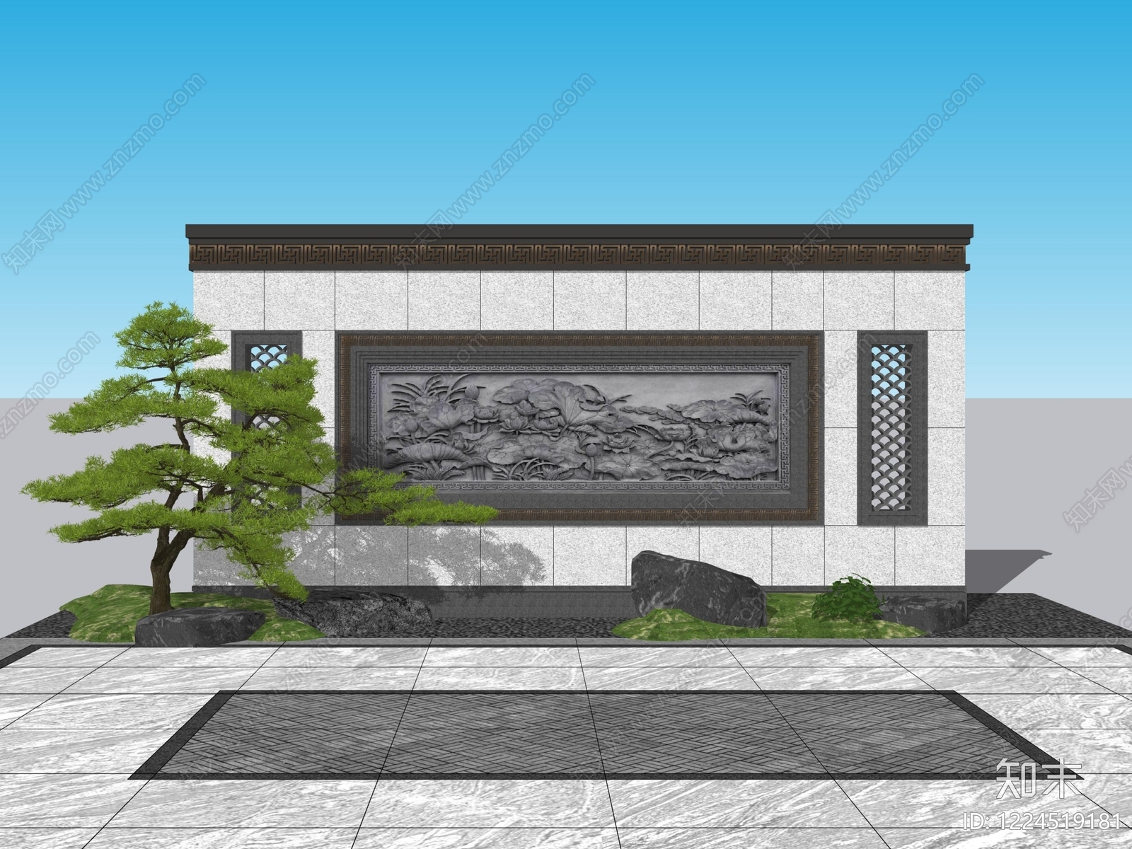 新中式景观景墙SU模型下载【ID:1224519181】