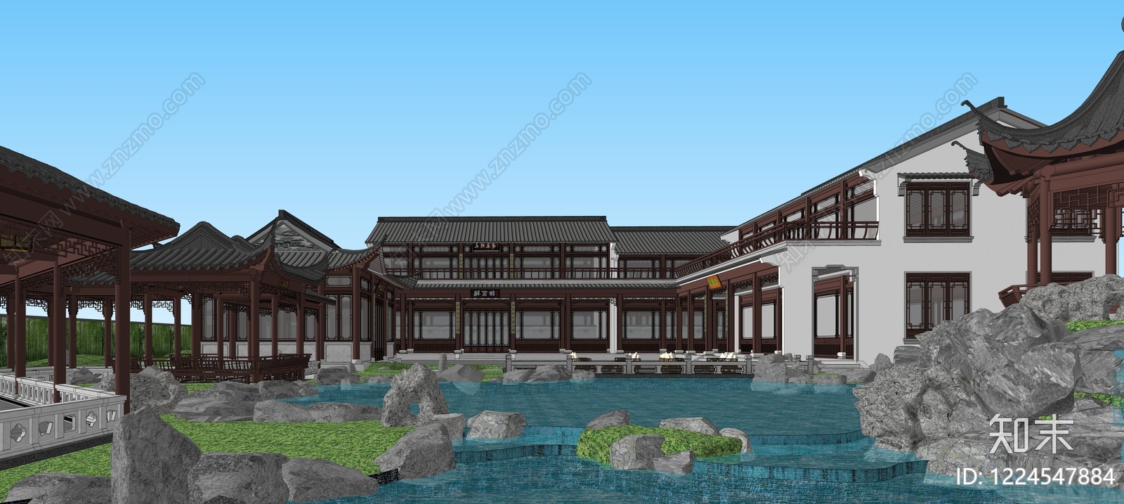 传统园林别墅庭院SU模型下载【ID:1224547884】