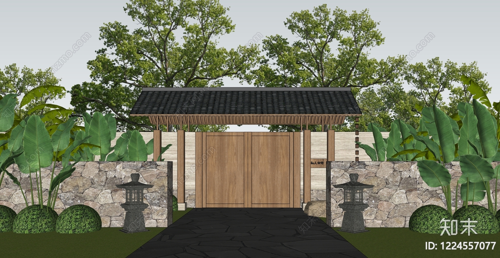 新中式景观入口大门SU模型下载【ID:1224557077】
