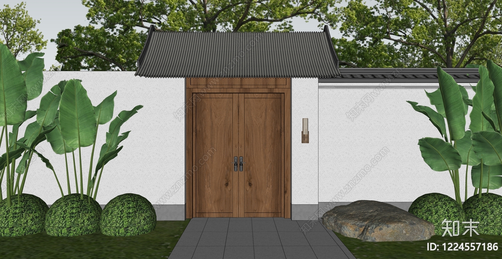 新中式景观入口大门SU模型下载【ID:1224557186】