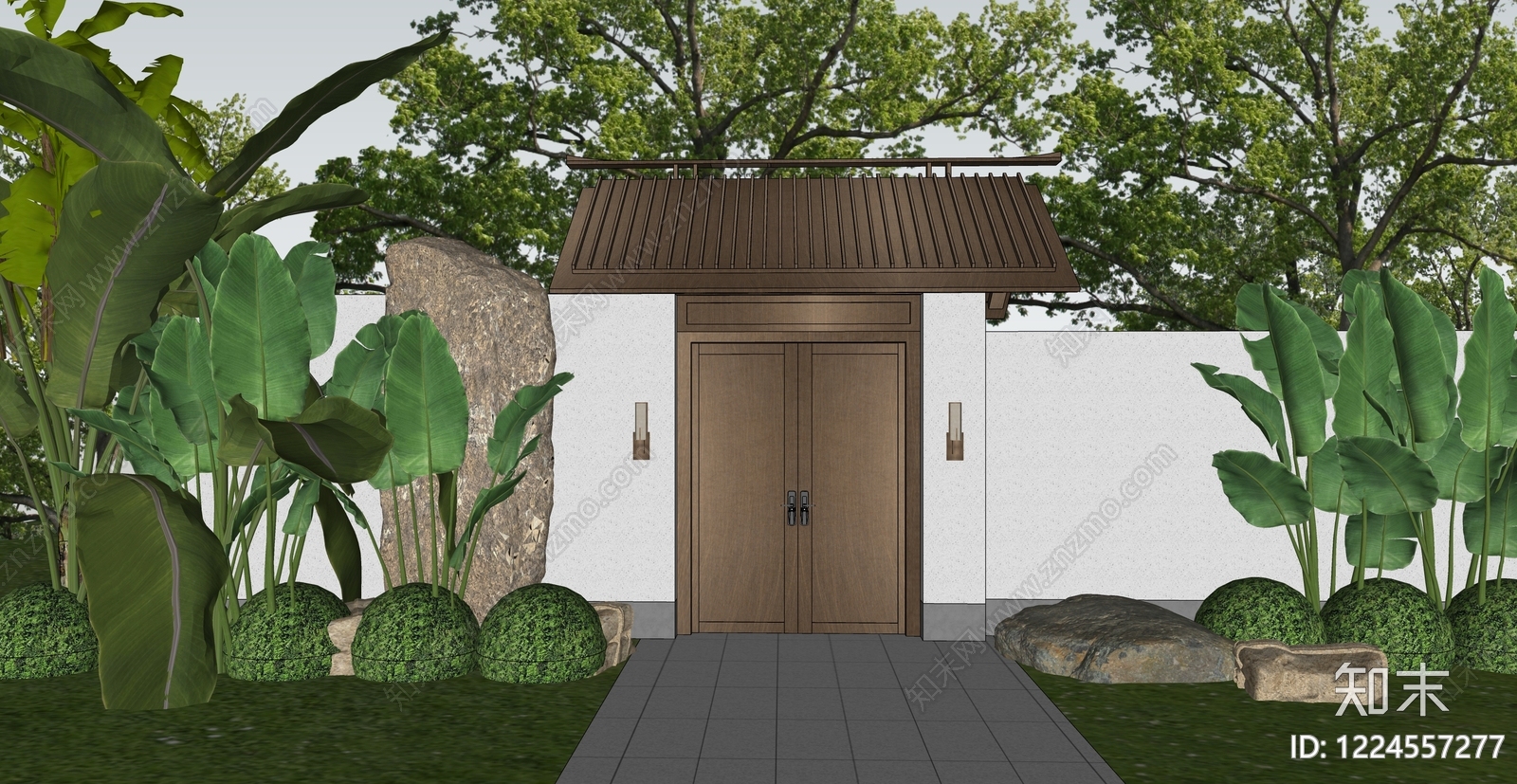 新中式景观入口大门SU模型下载【ID:1224557277】