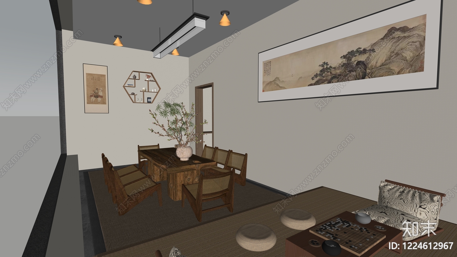 新中式茶室SU模型下载【ID:1224612967】