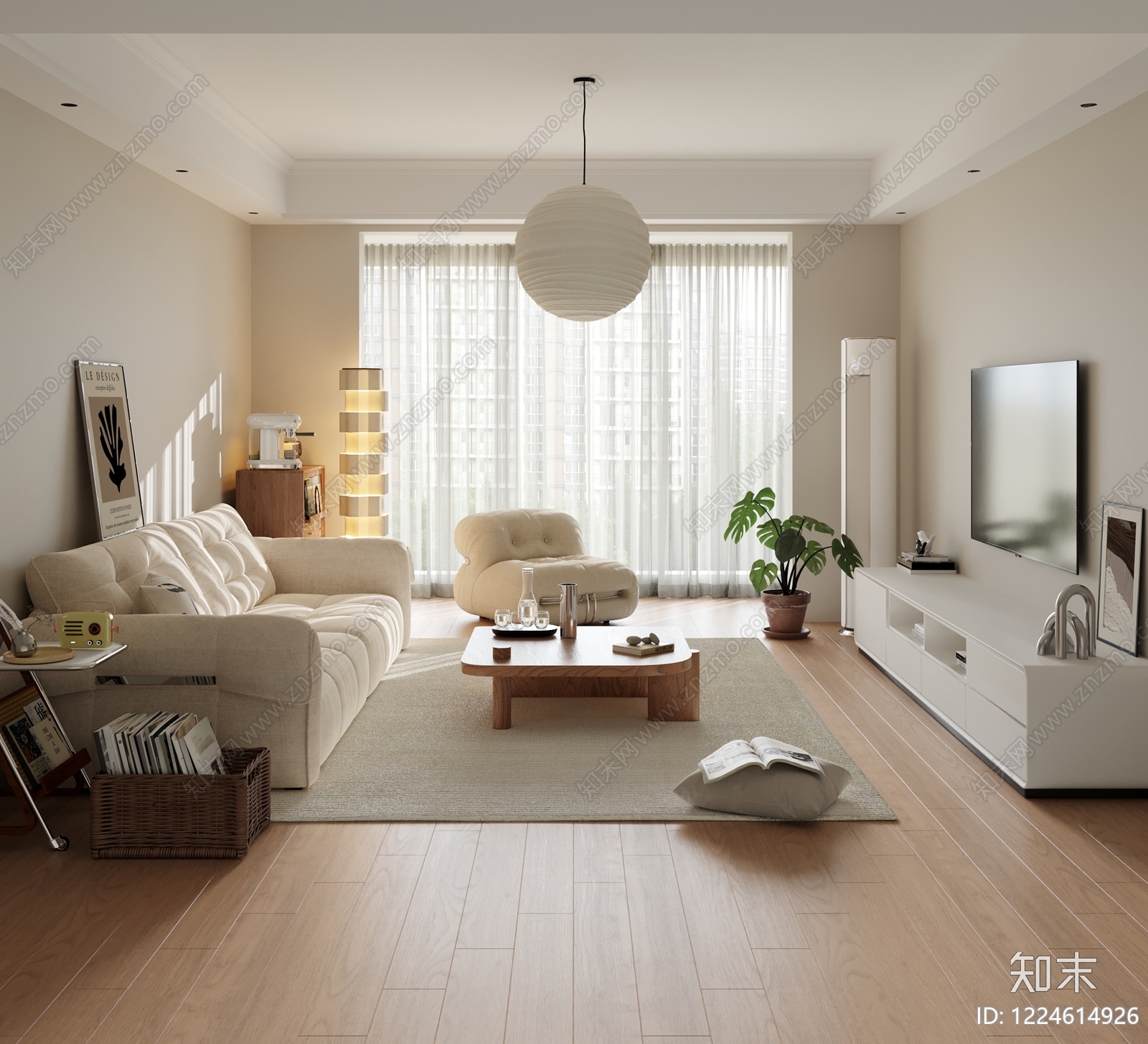 奶油风家居客厅SU模型下载【ID:1224614926】