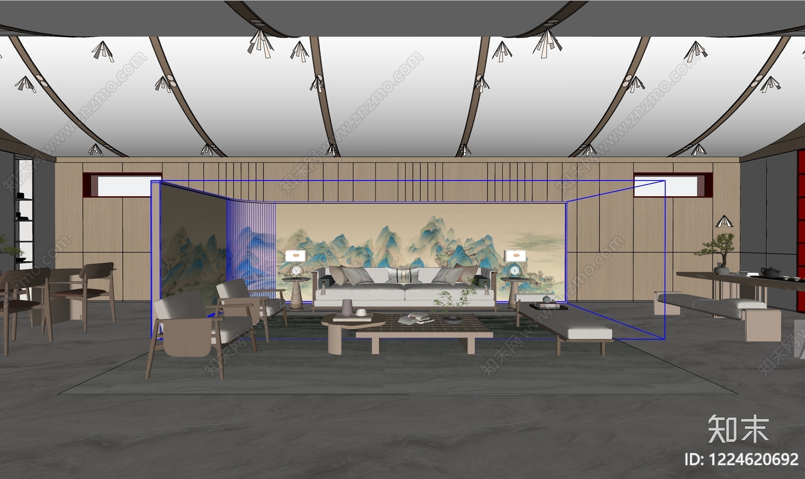 新中式民宿大堂SU模型下载【ID:1224620692】