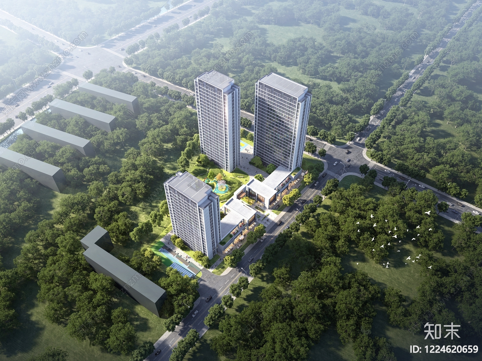 现代主义小高层住宅楼SU模型下载【ID:1224620659】