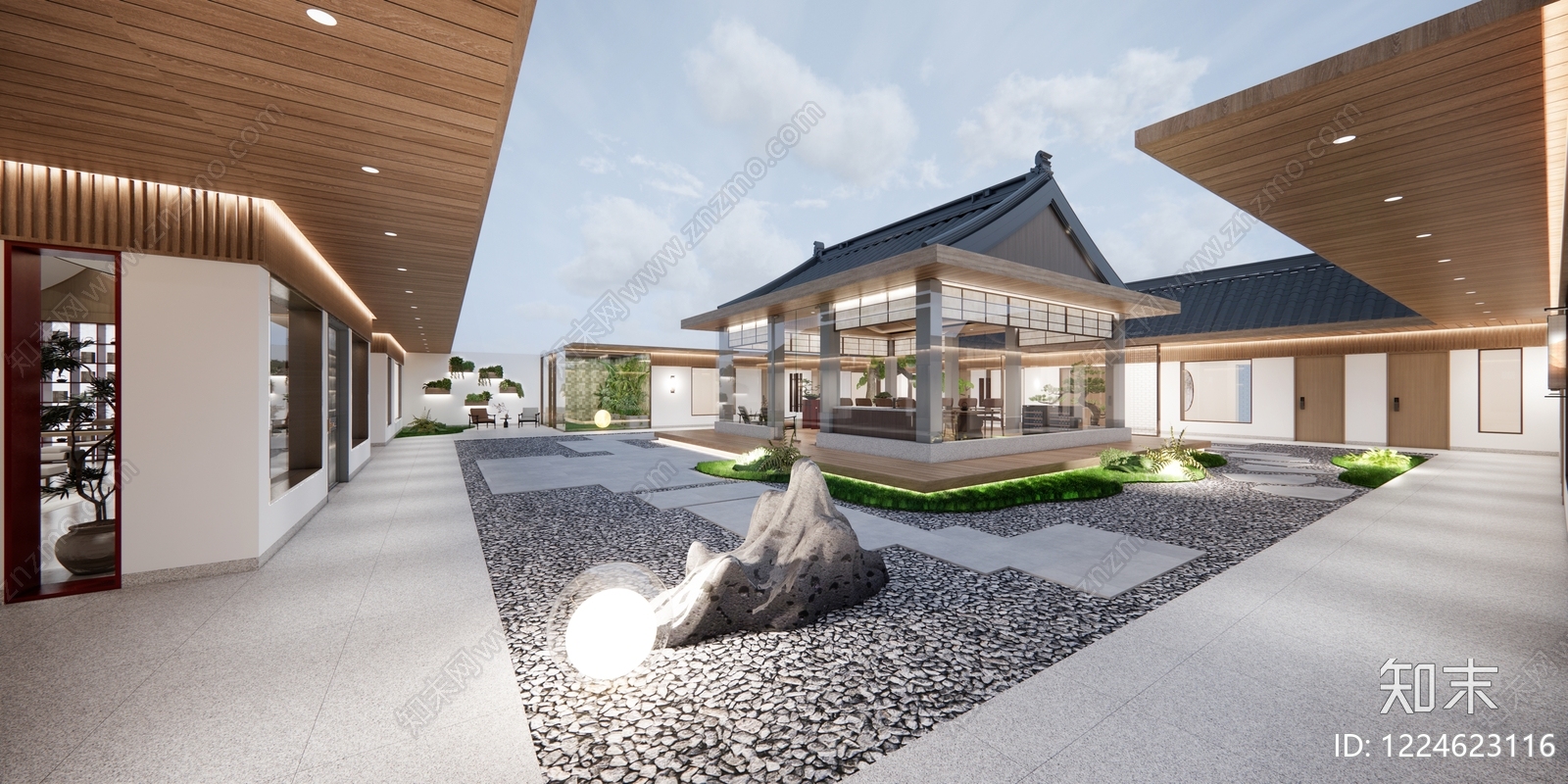 新中式别墅庭院SU模型下载【ID:1224623116】