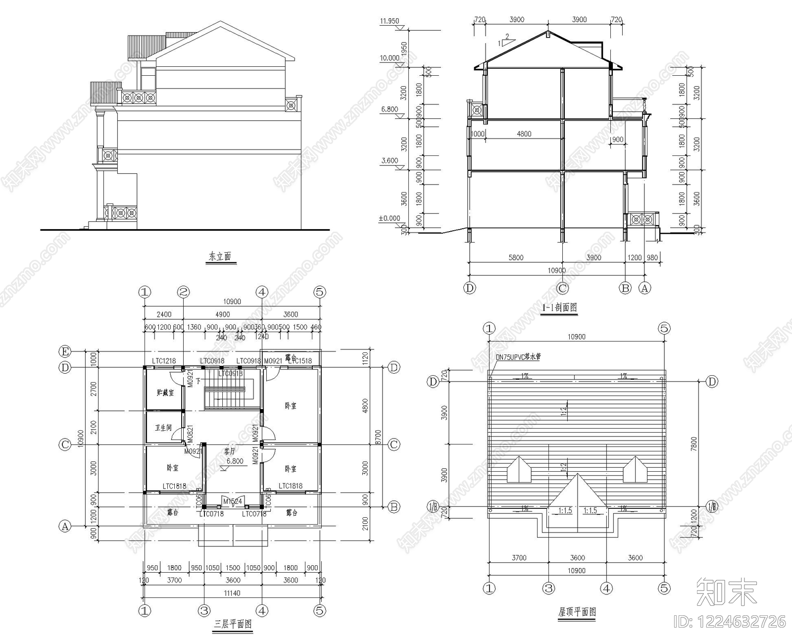 别墅建筑cad施工图下载【ID:1224632726】