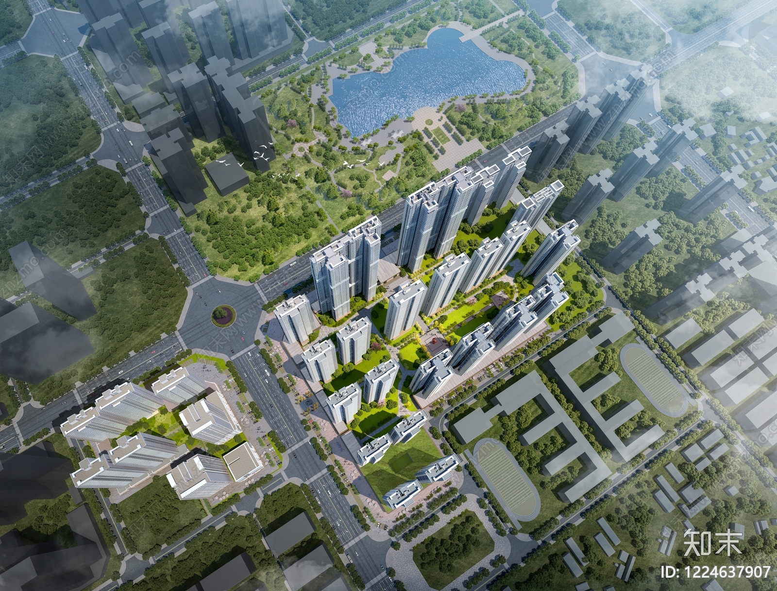 现代主义鸟瞰规划3D模型渲染效果图