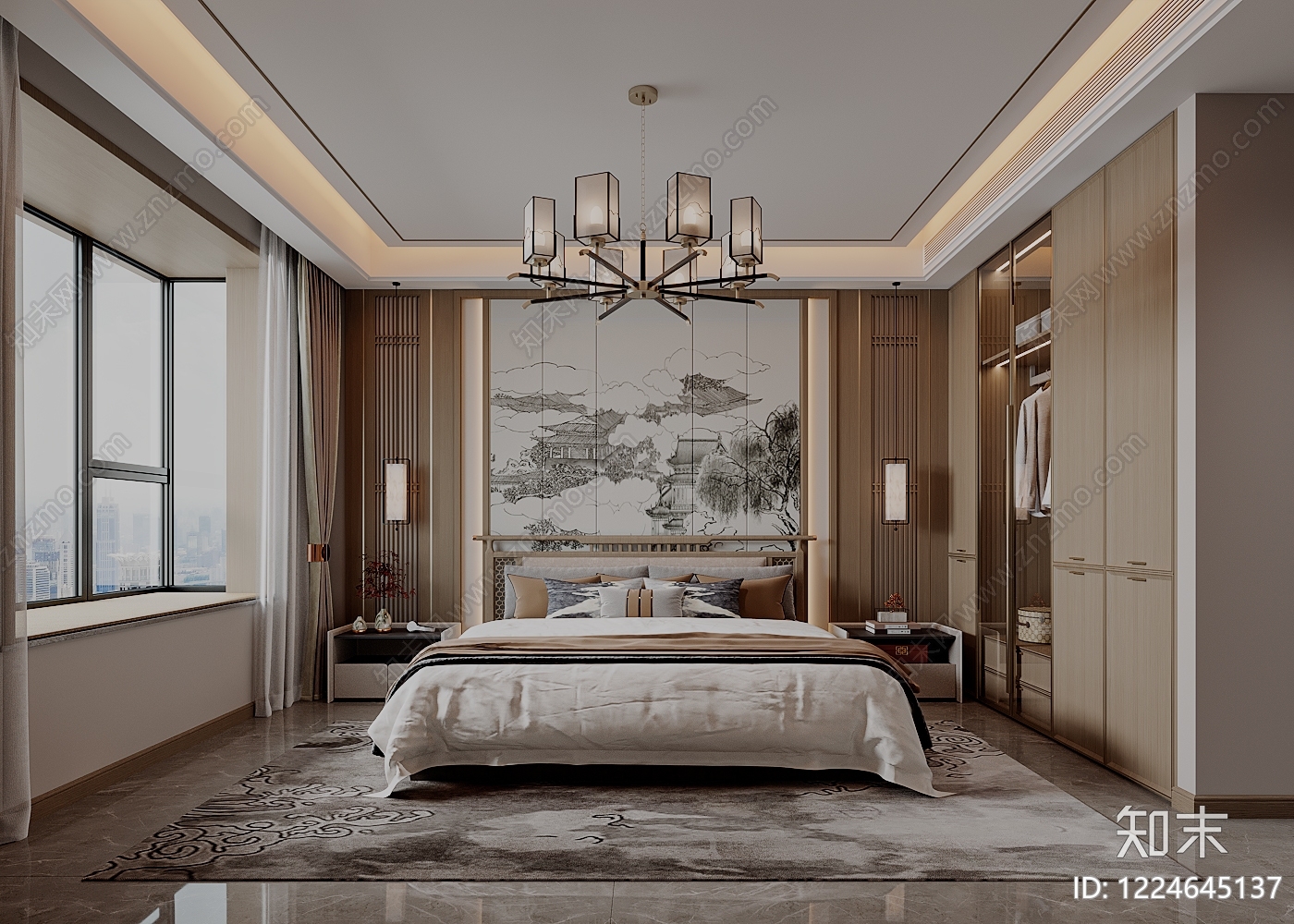 新中式主卧3D模型下载【ID:1224645137】