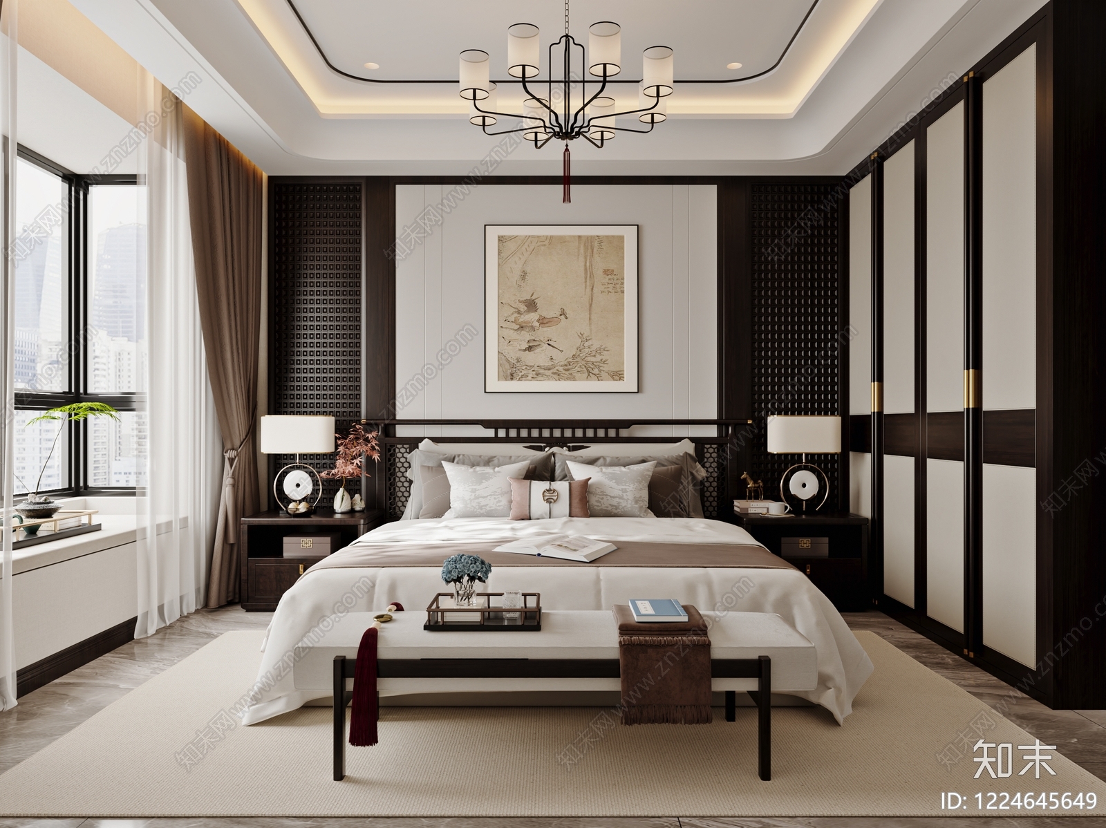新中式主卧3D模型下载【ID:1224645649】