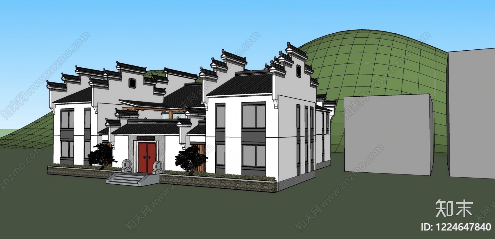 中式古建别墅SU模型下载【ID:1224647840】