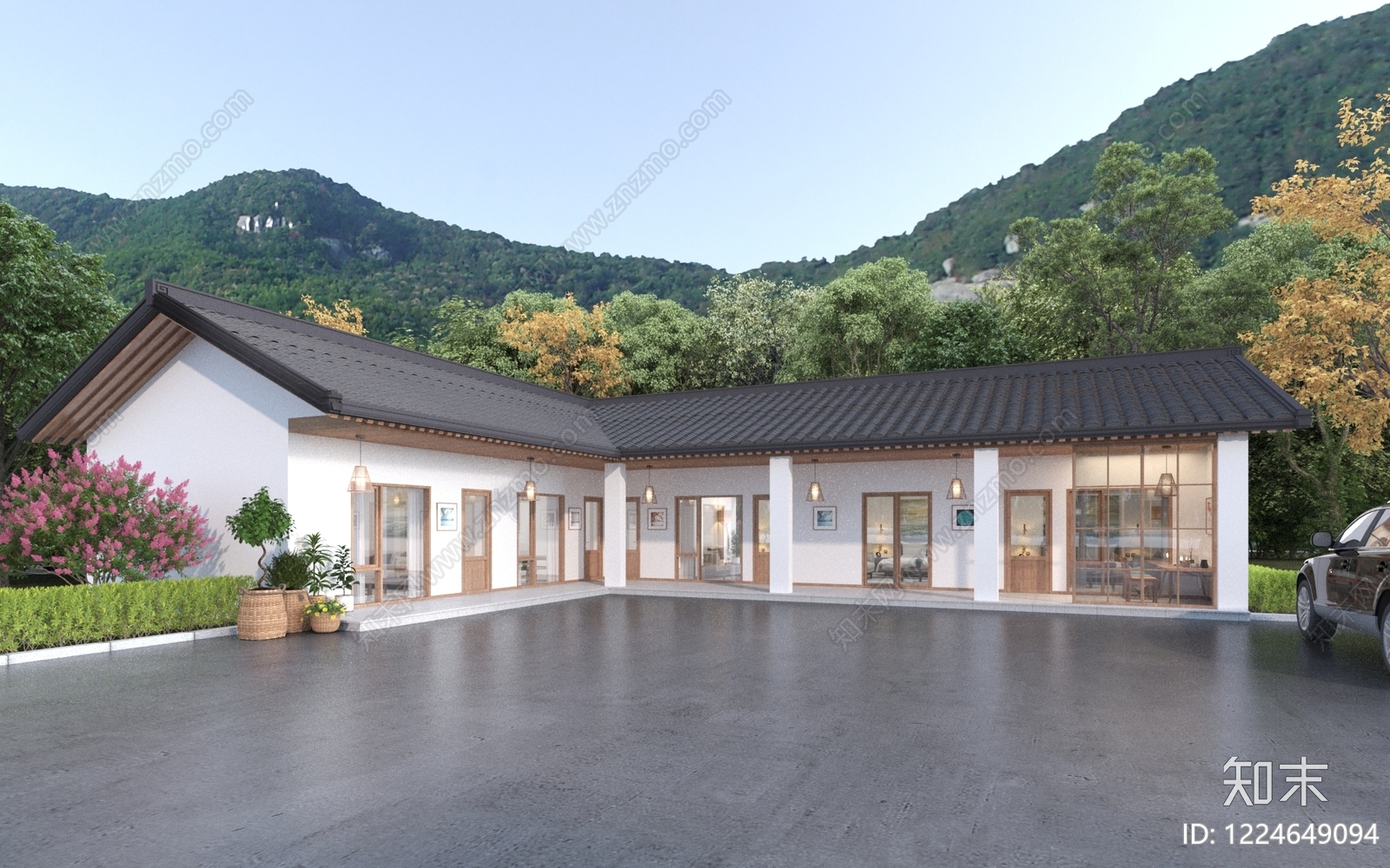 新中式民宿建筑SU模型下载【ID:1224649094】