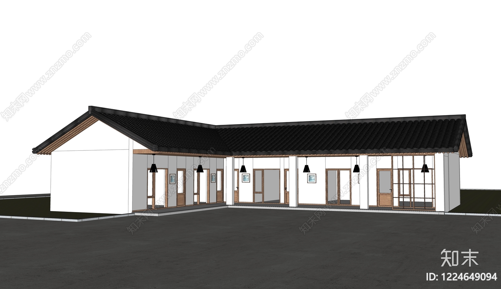 新中式民宿建筑SU模型下载【ID:1224649094】
