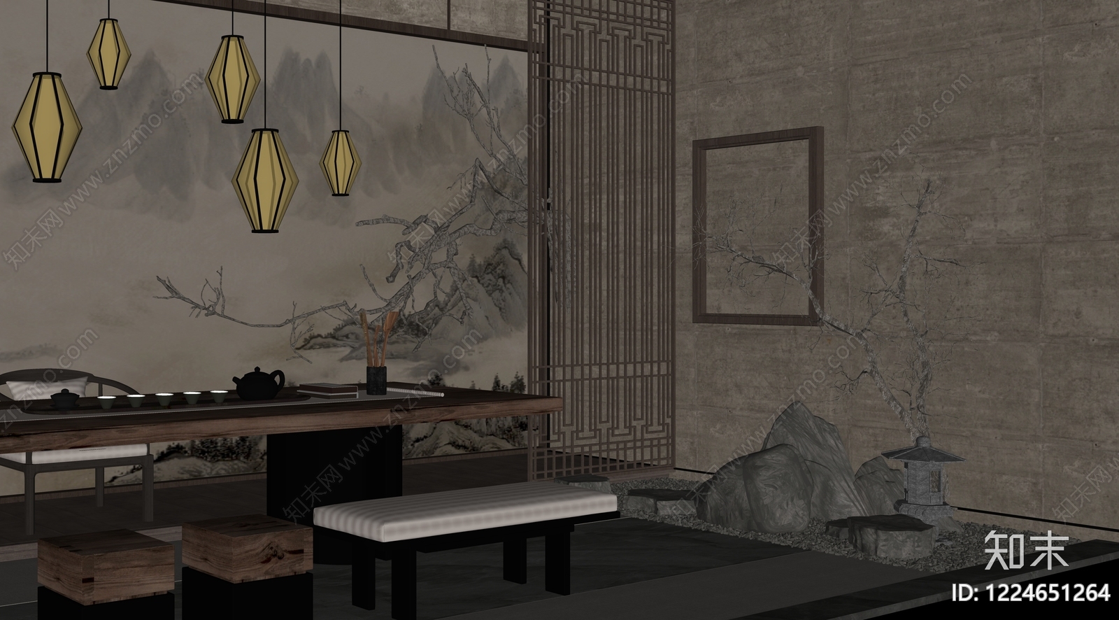 新中式茶室SU模型下载【ID:1224651264】