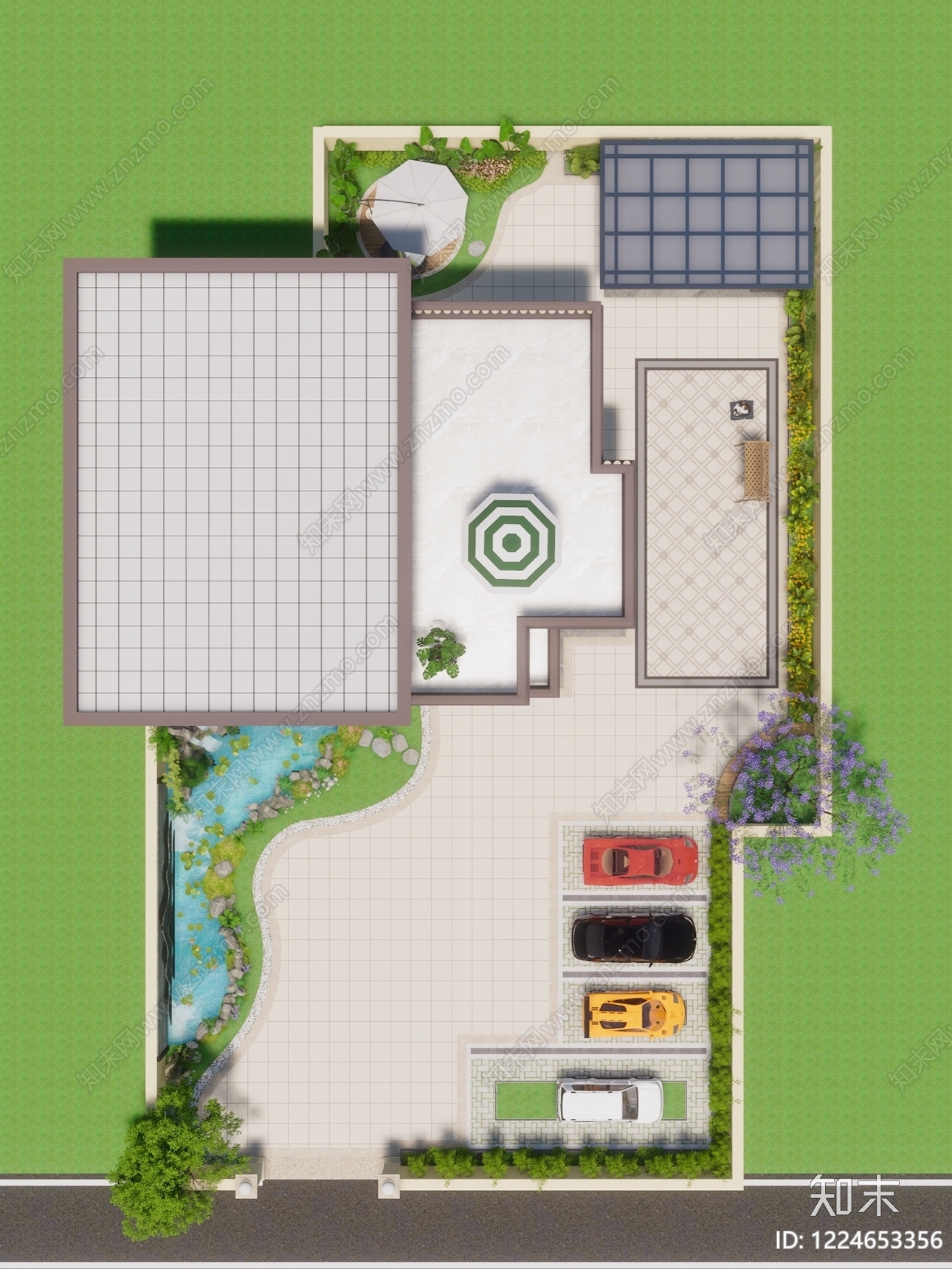 新中式景观别墅庭院SU模型下载【ID:1224653356】