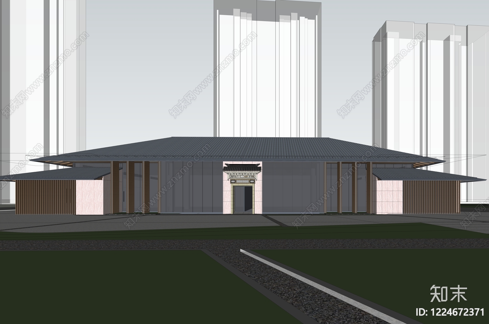 新中式售楼处建筑SU模型下载【ID:1224672371】
