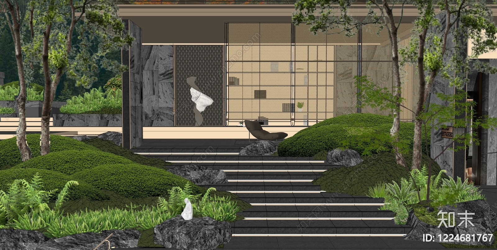 新中式别墅庭院SU模型下载【ID:1224681767】