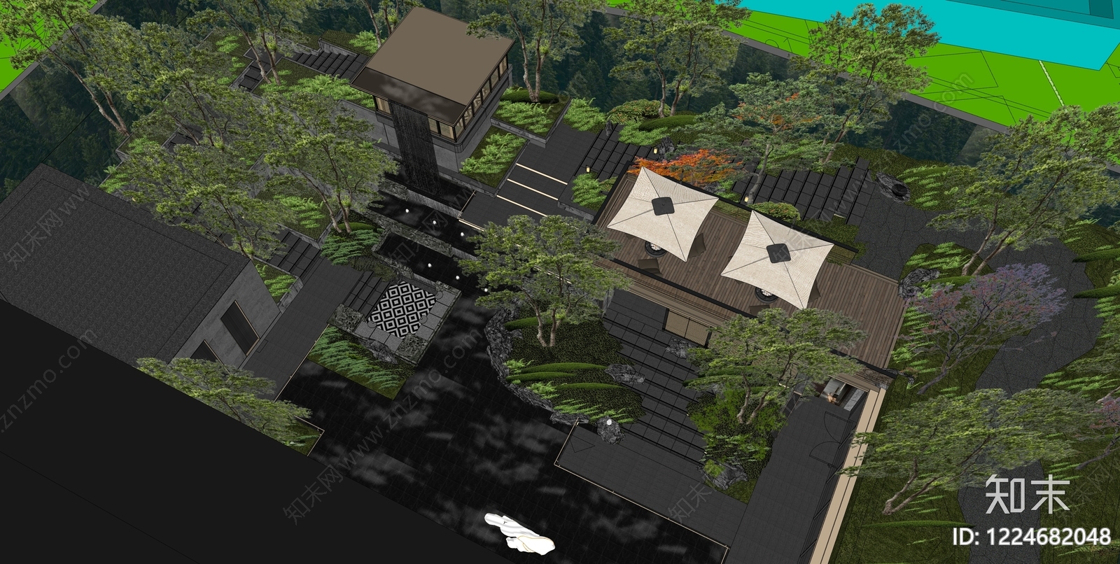 新中式别墅庭院SU模型下载【ID:1224682048】
