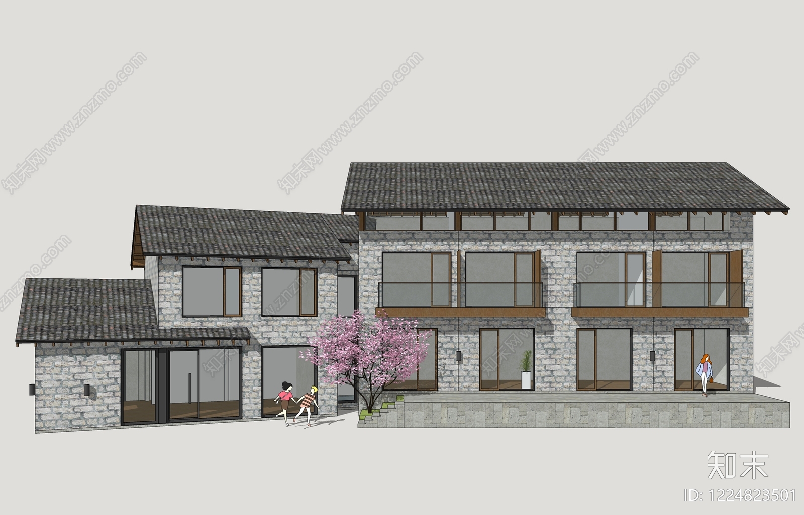 新中式民宿建筑SU模型下载【ID:1224823501】