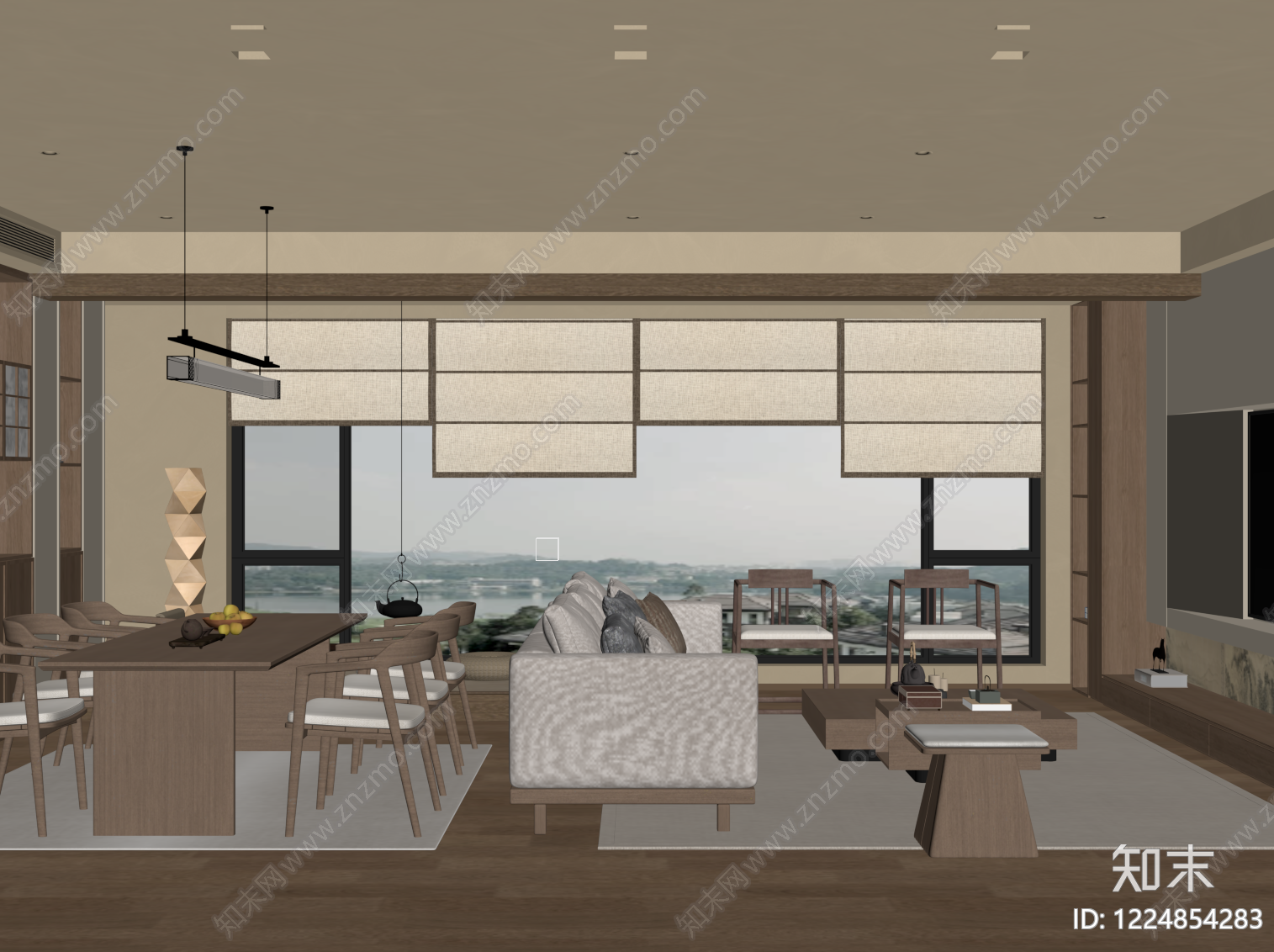 新中式客餐厅SU模型下载【ID:1224854283】
